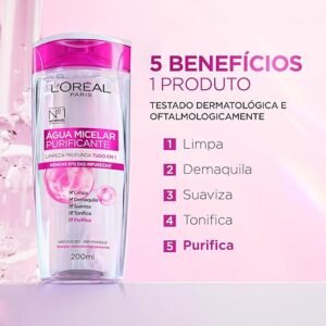 Água Micelar 5 Em 1 200ml, L'Oréal Paris, 200ml, Demaquila, Limpa, Purifica, Suaviza, Elimina Impurezas e Reequilibra a Pele