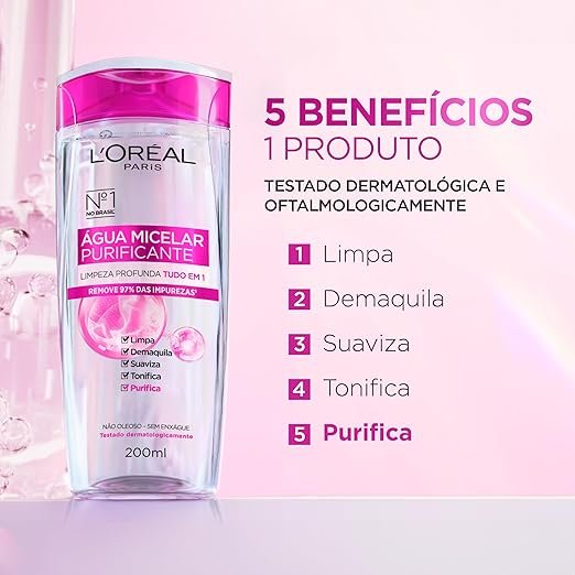 Água Micelar 5 Em 1 200ml, L'Oréal Paris, 200ml, Demaquila, Limpa, Purifica, Suaviza, Elimina Impurezas e Reequilibra a Pele