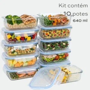 Kit 10 Pote De Vidro Marmita Hermético 640ml Freezer Fitness Borossilicato 4 Travas Micro-ondas Azul-Escuro