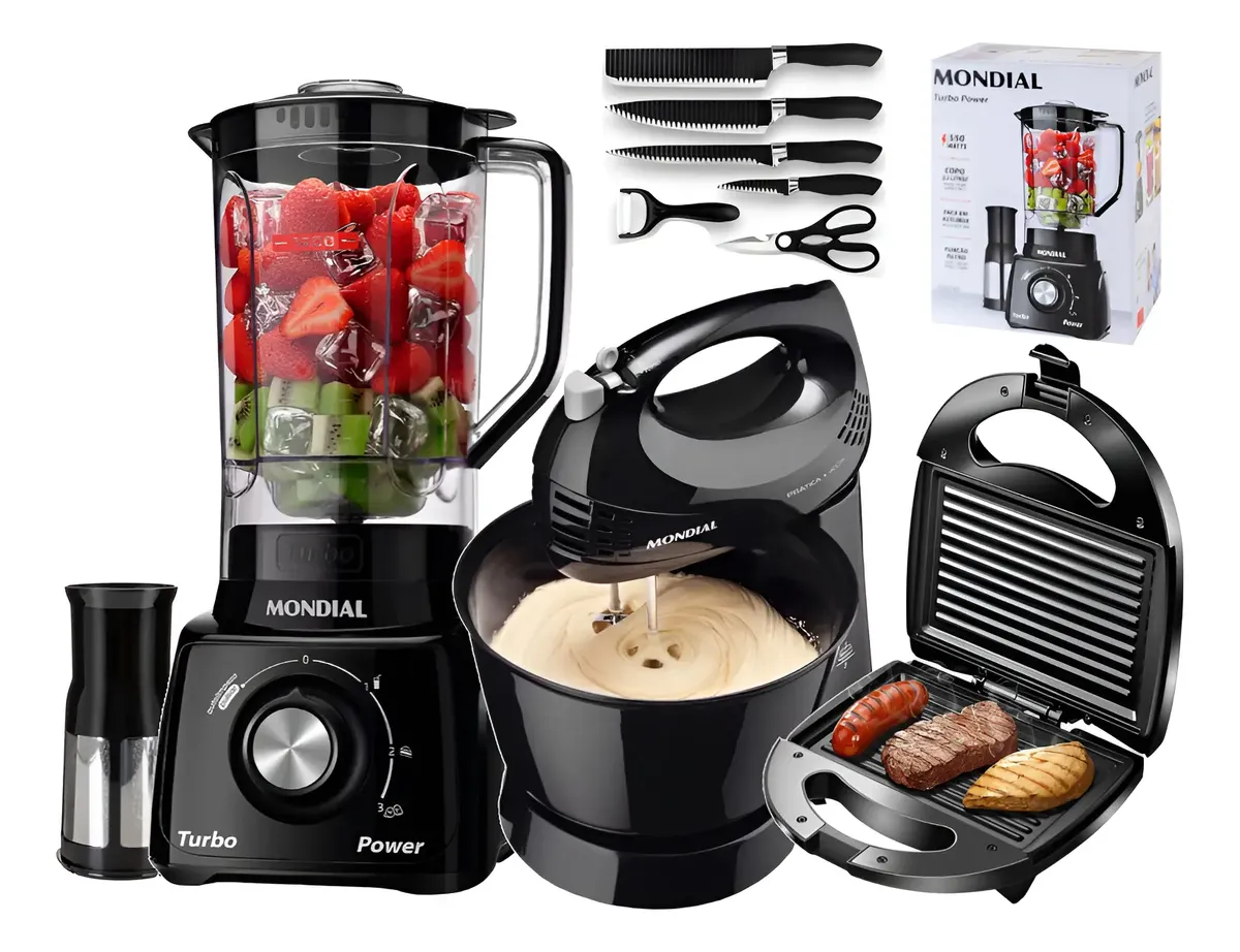 Kit Sanduicheira + Liquidificador Mondial + Batedeira Facas 220v / 110v Preta Nfe