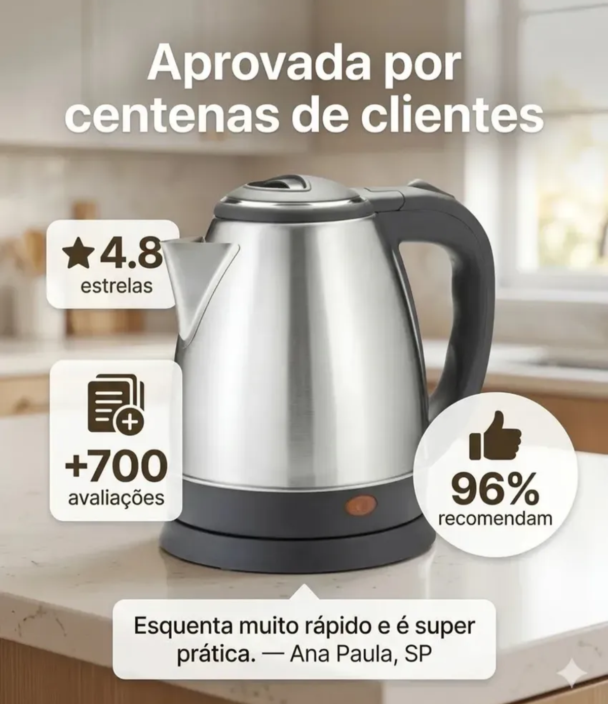 Chaleira Elétrica Inox 1,8L 1500W Aquecimento Rápido Automática