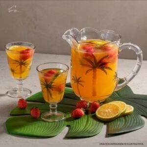 Conjunto Jarra com 6 Taças Cristal Lyor Vidro Palmeira 1,3L Hand Painting