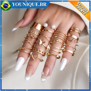 22pçs Conjunto De Anel De Prata Dourado Vintage 💍✨