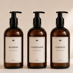 Kit Frascos para Shampoo, Condicionador e Sabonete 500ml – 3 Peças Âmbar